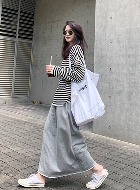 老米家 松紧高腰a字卫衣裙子灰色休闲半身裙女春夏秋新款显瘦长裙