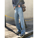 小直筒牛仔裤 浅蓝色窄版 女 秋冬加绒加厚高腰显瘦烟管长裤 老米家