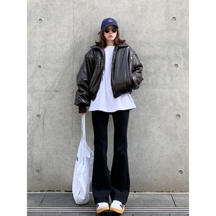 加厚飞行员机车夹克 新款 老米家 棕色夹棉面包服皮衣短外套女冬季