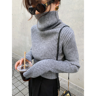 老米家 黑色短款高领毛衣女秋冬加厚灰色收腰显瘦修身打底针织衫