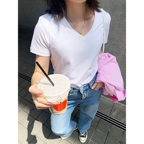 老米家夏季新款双面丝光棉纯色v领短袖t恤女修身显瘦白色打底上衣