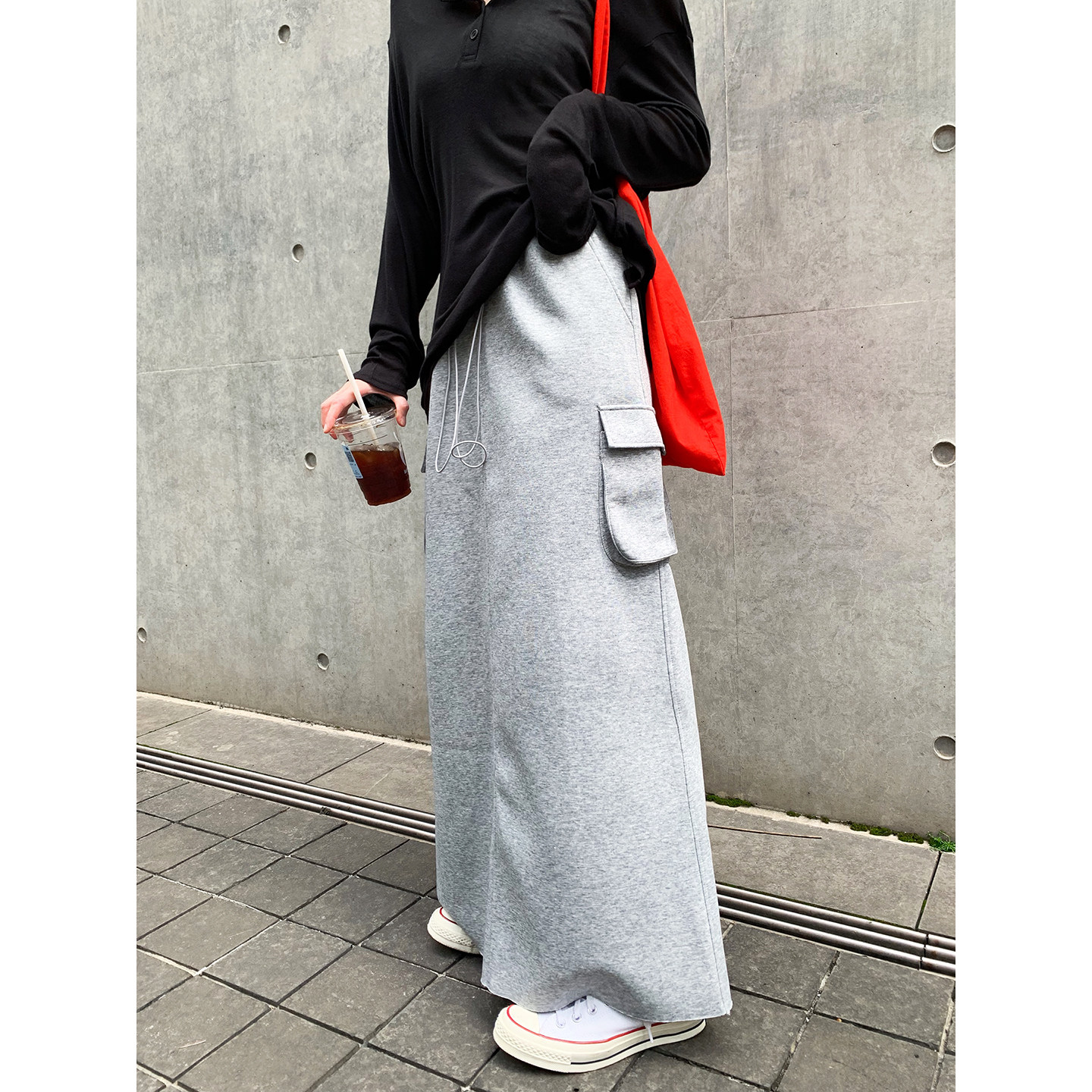 老米家 韩国定制款抽绳口袋工装风半身裙女春秋开叉卫裙拖地长裙