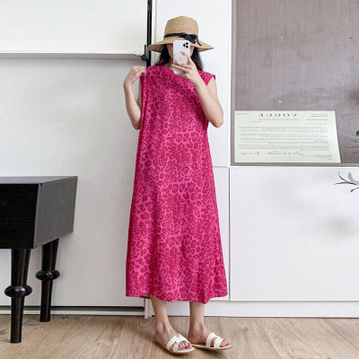 棉绸连衣裙夏季女士无袖家居服圆领妈妈长裙人造棉睡裙大码时尚薄