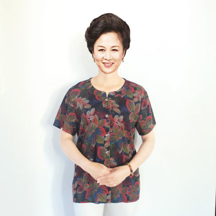 夏中老年人短袖衬衣女装人造棉衬衫圆领上衣宽松妈妈大码开衫薄款