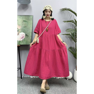 夏季新款复古纯色棉麻拼接圆领中袖连衣裙女宽松显瘦褶子A字裙女