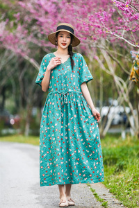夏季新复古文艺棉麻印花系带短袖连衣裙女 宽松大码花边拼接裙子