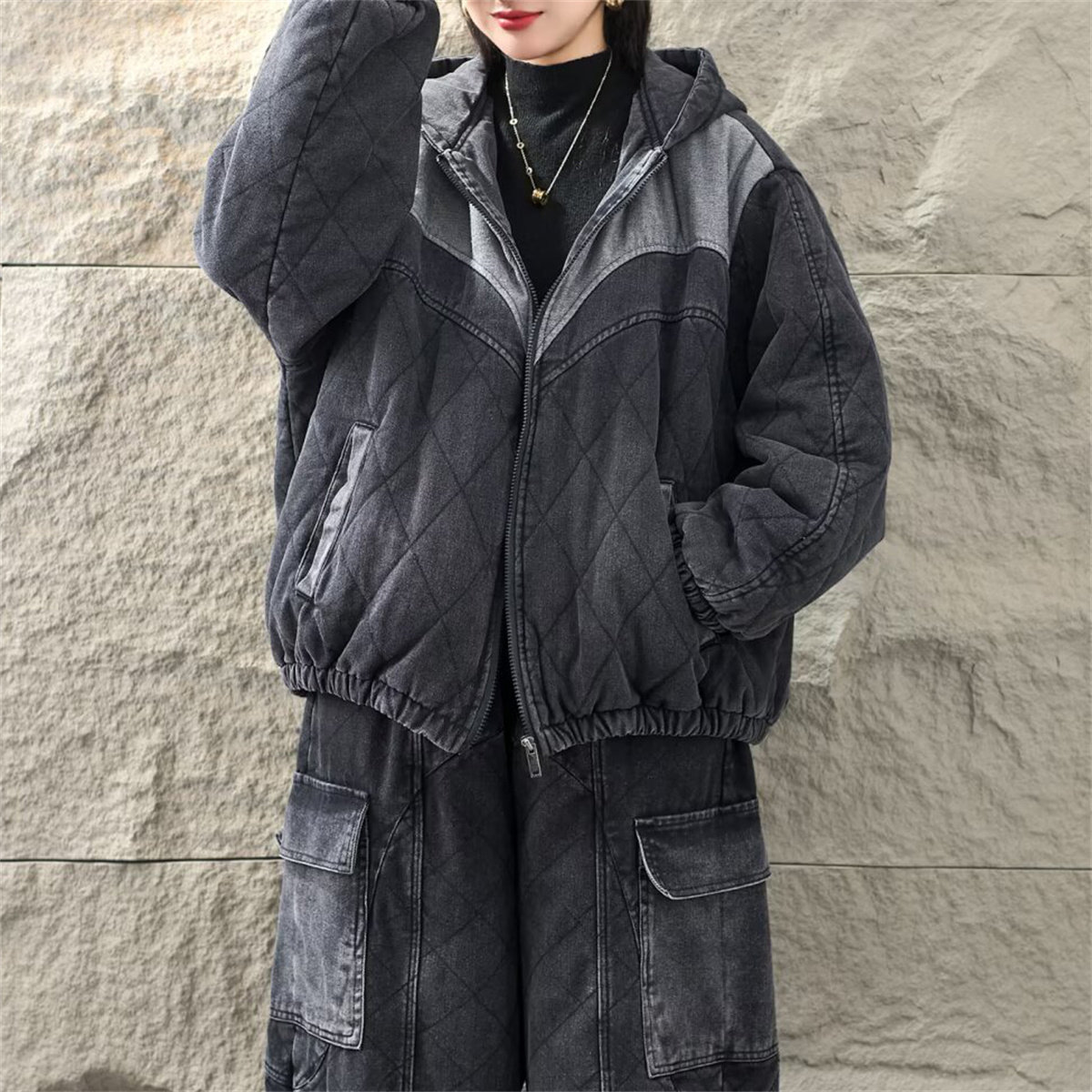 冬季复古连帽加厚菱格牛仔棉服女