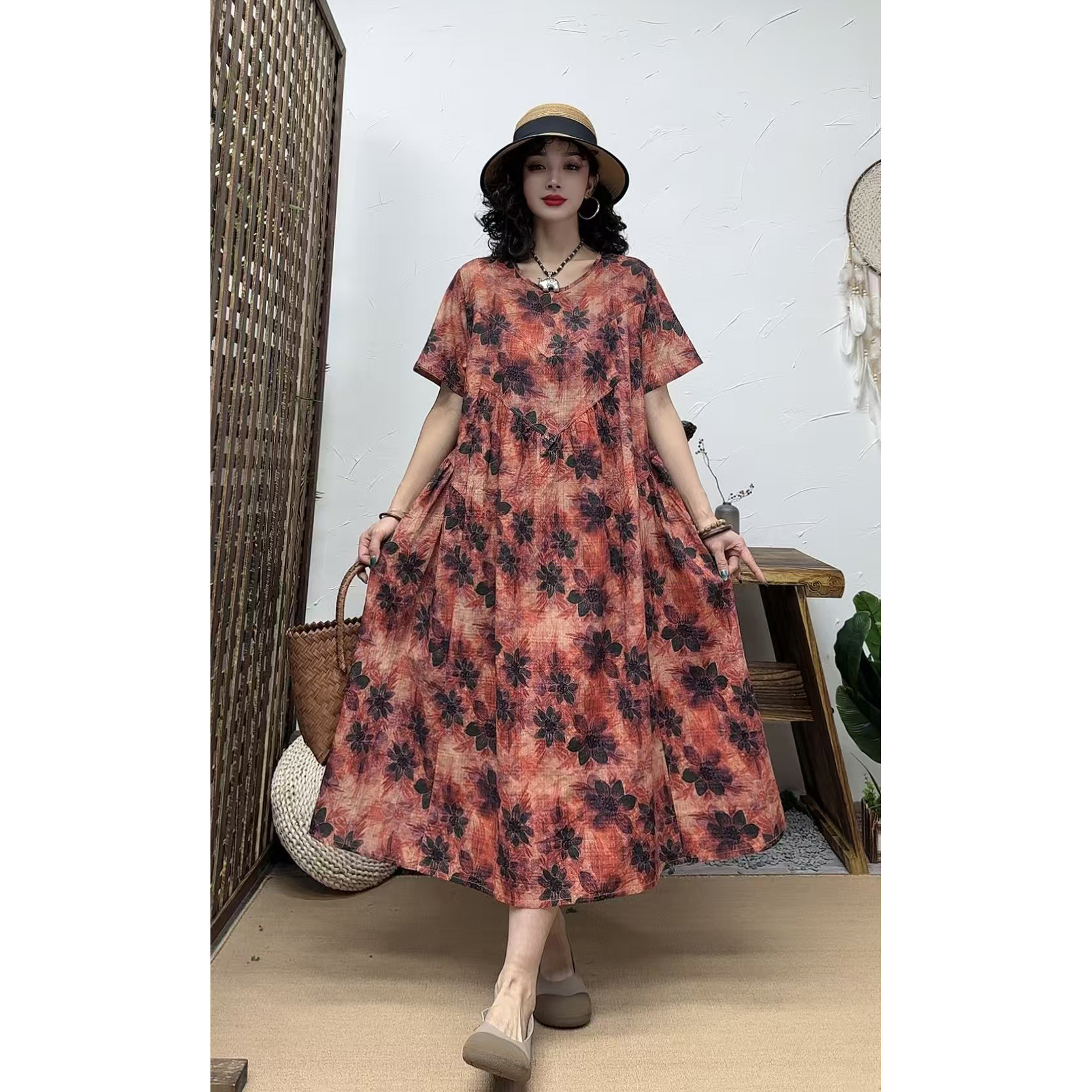 夏复古竹节棉印花显瘦短袖连衣裙