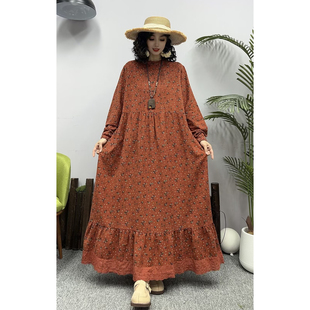 秋季新款复古棉质印花拼接下摆长袖连衣裙女宽松显瘦褶子连衣长裙