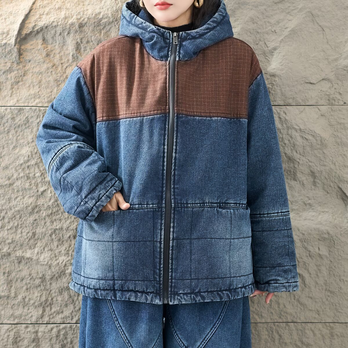 冬季复古拼接格纹加厚牛仔棉服女
