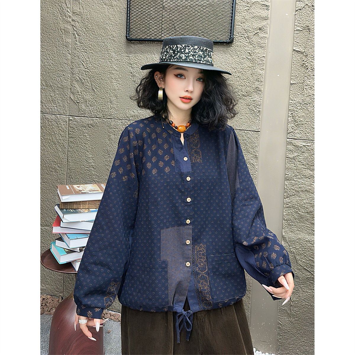 秋季棉麻印花立领长袖宽松衬衫女