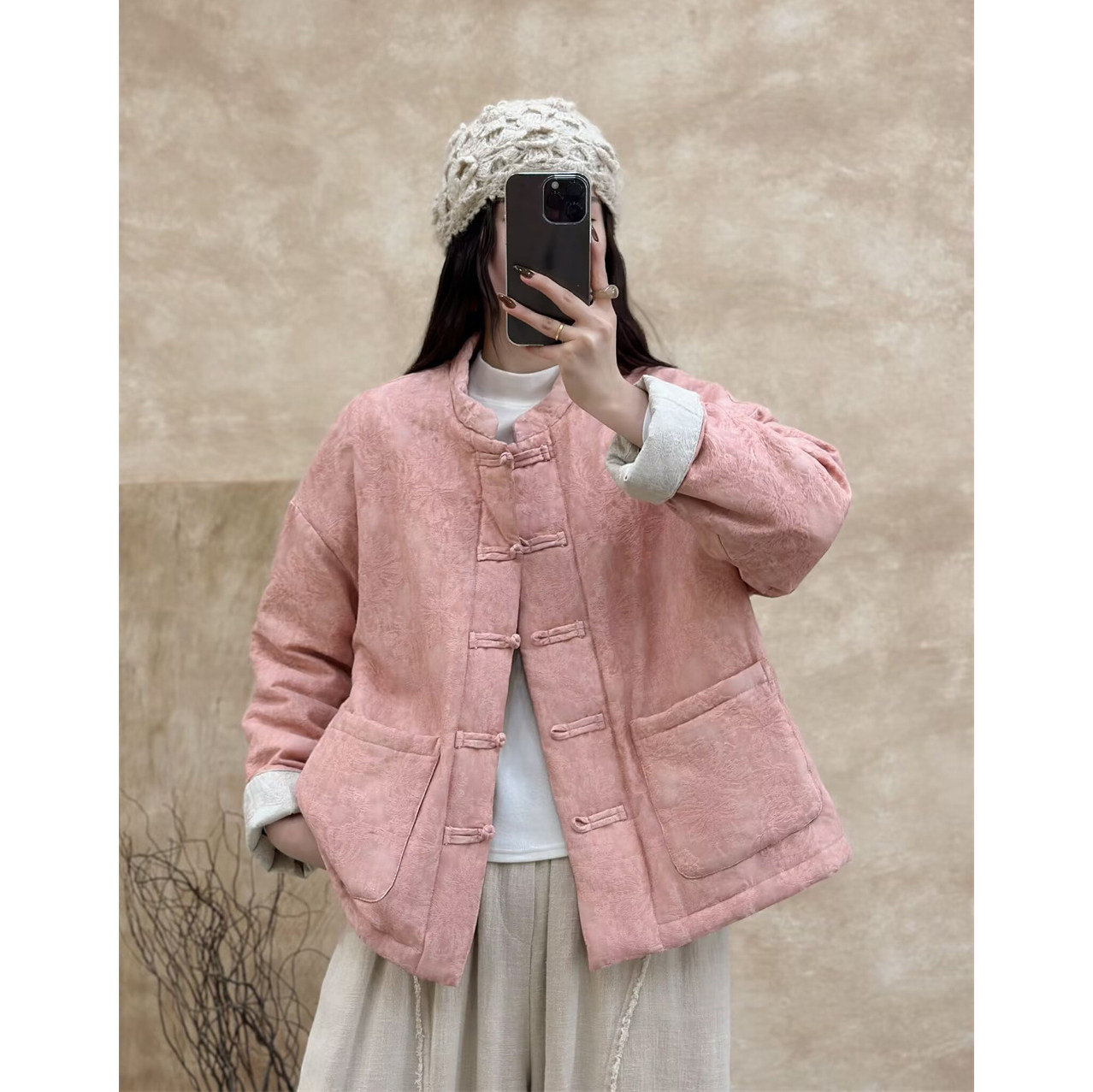 冬季新中式麻棉提花立领盘扣棉衣女复古宽松显瘦保暖棉服外套棉袄