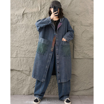 复古印花拼接牛仔连帽风衣外套女
