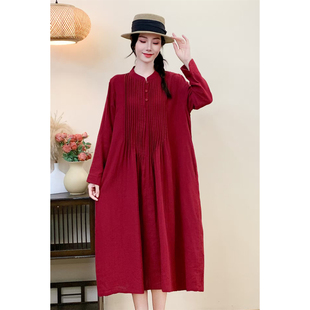 秋季新款复古棉麻纯色褶子立领长袖连衣裙女宽松显瘦百搭A字裙女