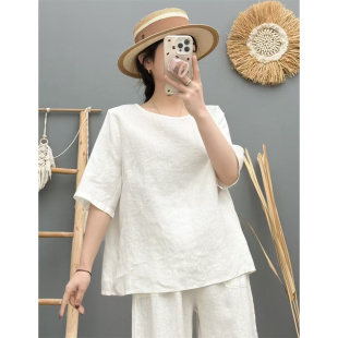 T恤女宽松显瘦套头上衣 圆领背衩五分袖 夏季 新文艺百搭纯亚麻净版