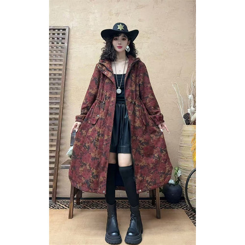 棉印花加绒系带连帽拉链风衣外套
