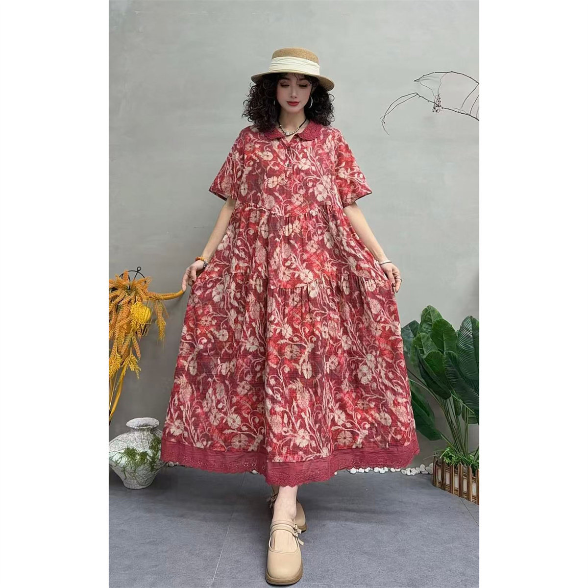 夏季复古印花娃娃领显瘦连衣裙女