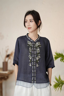 夏季新复古纯色苎麻刺绣拼接欧根纱立领衬衫女宽松显瘦半袖薄衬衣