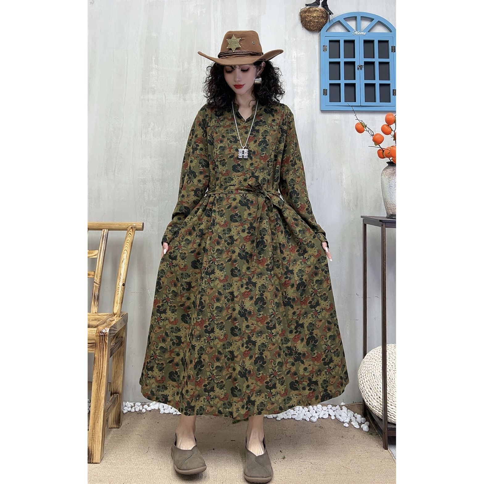 秋季复古棉麻印花系带A字连衣裙