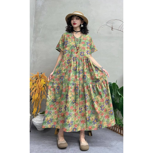 夏季复古棉麻碎花显瘦A字连衣裙