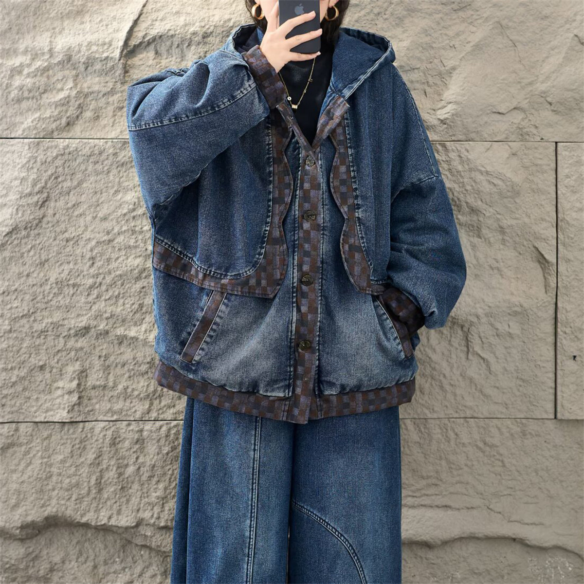 冬季复古做旧拼接连帽牛仔棉服女