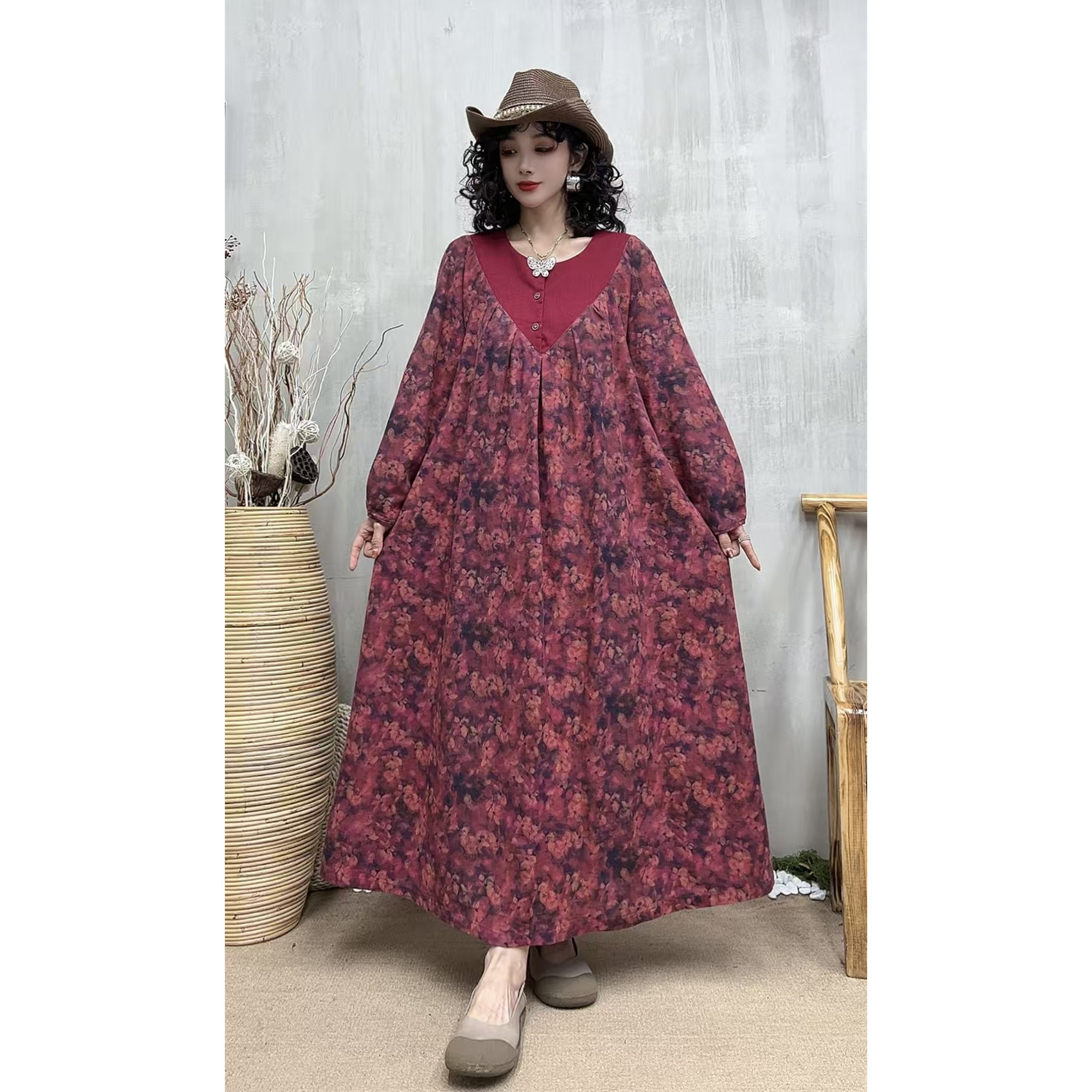 春季新复古棉麻碎花长袖连衣裙女