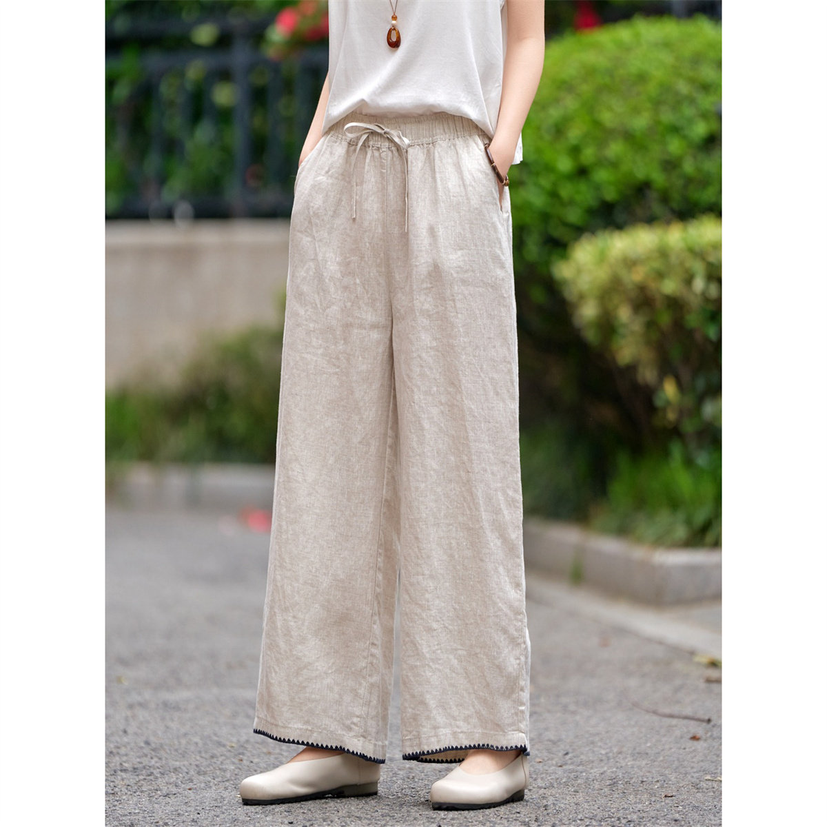 夏季纯亚麻高腰显瘦阔腿长裤女