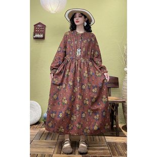 26春季新复古棉麻印花褶子圆领长袖连衣裙女宽松显瘦系带A字长裙