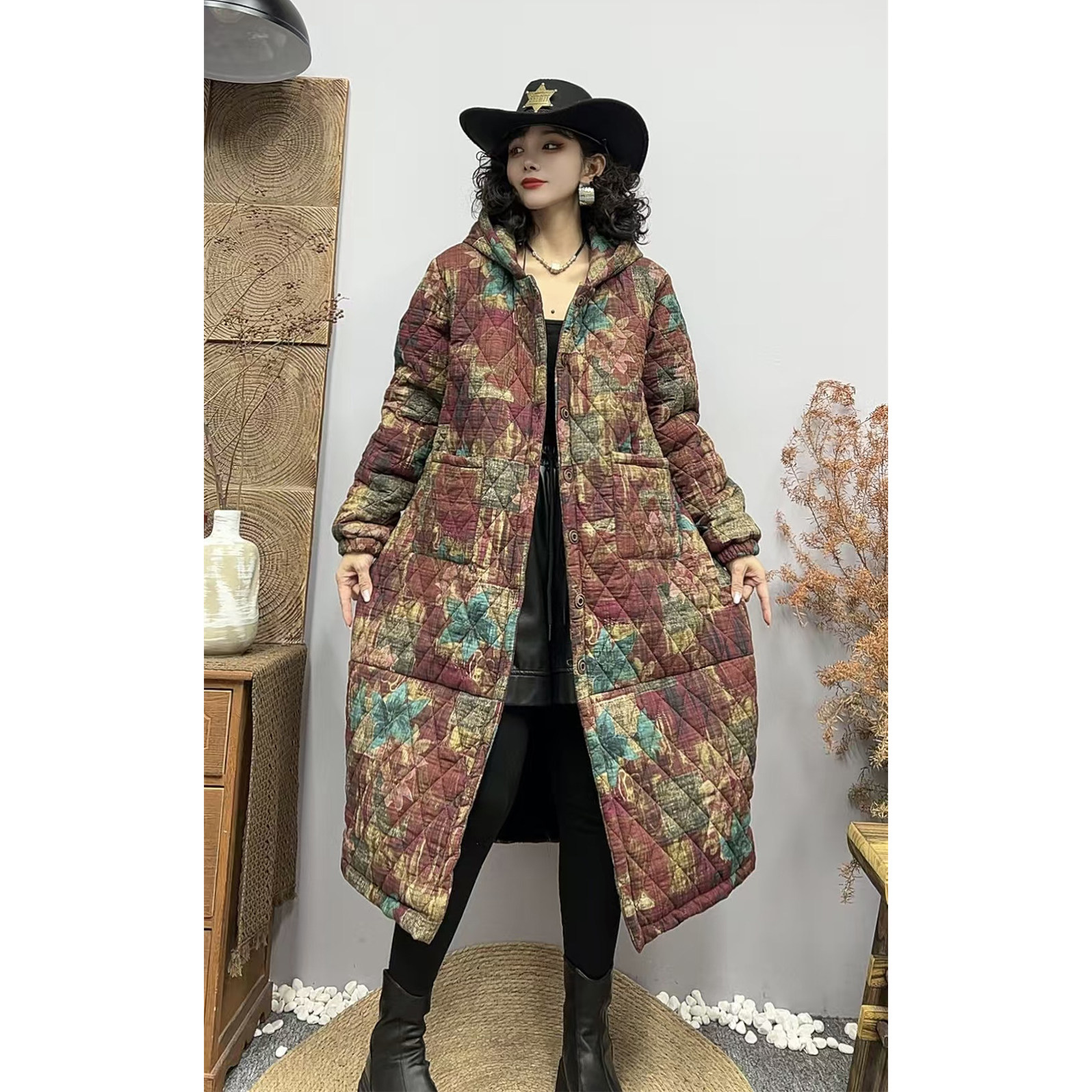 冬季复古棉麻印花连帽显瘦女棉服