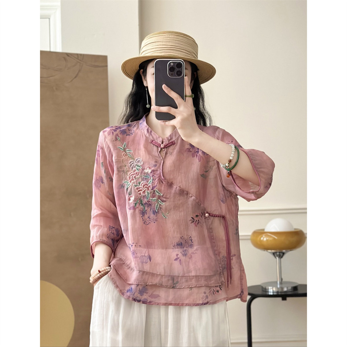 夏季新中式苎麻刺绣盘扣衬衫女