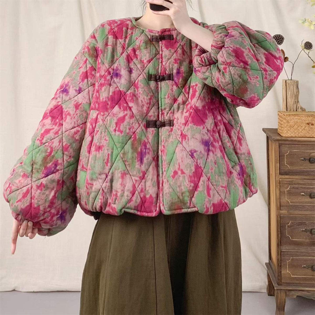 冬季复古盘扣加棉显瘦印花女棉服