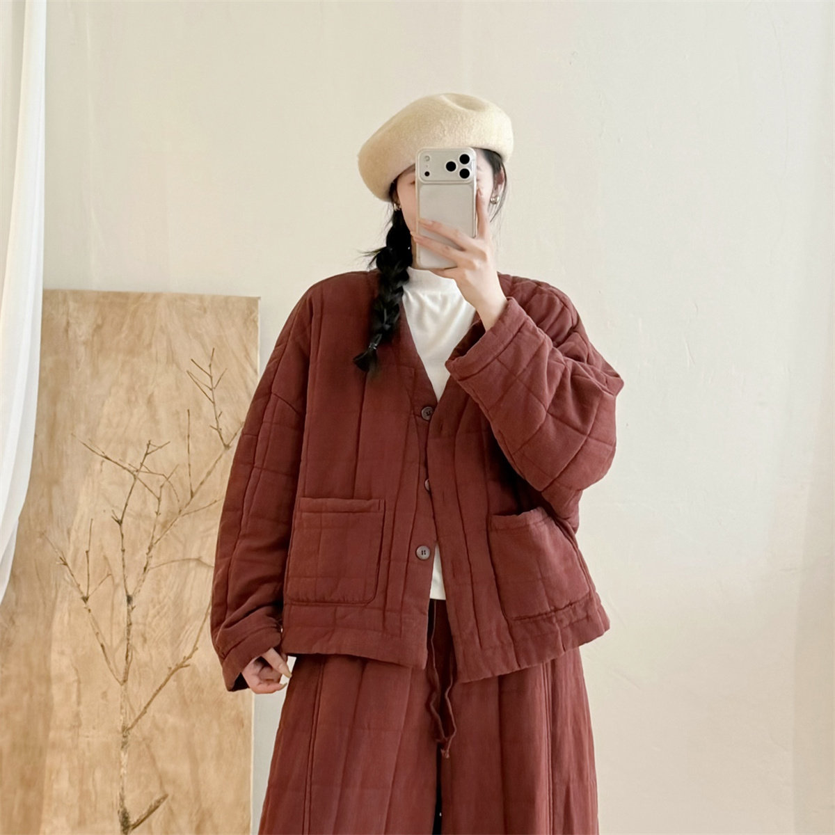 冬季纯亚麻加厚保暖V领棉服棉袄