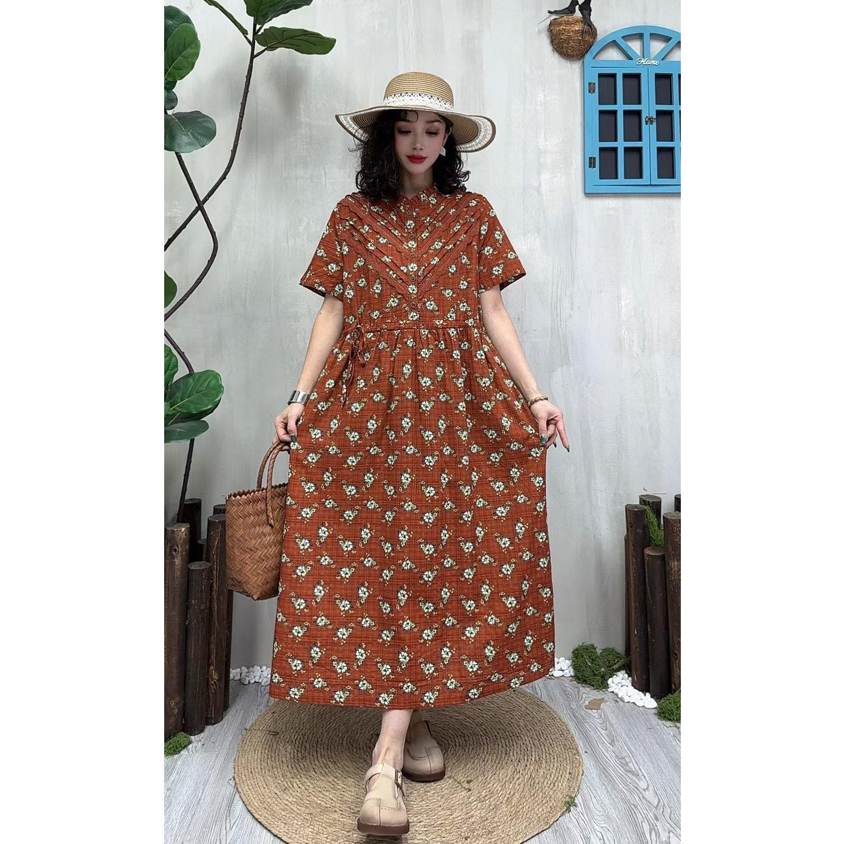 夏季复古棉麻碎花收腰显瘦连衣裙