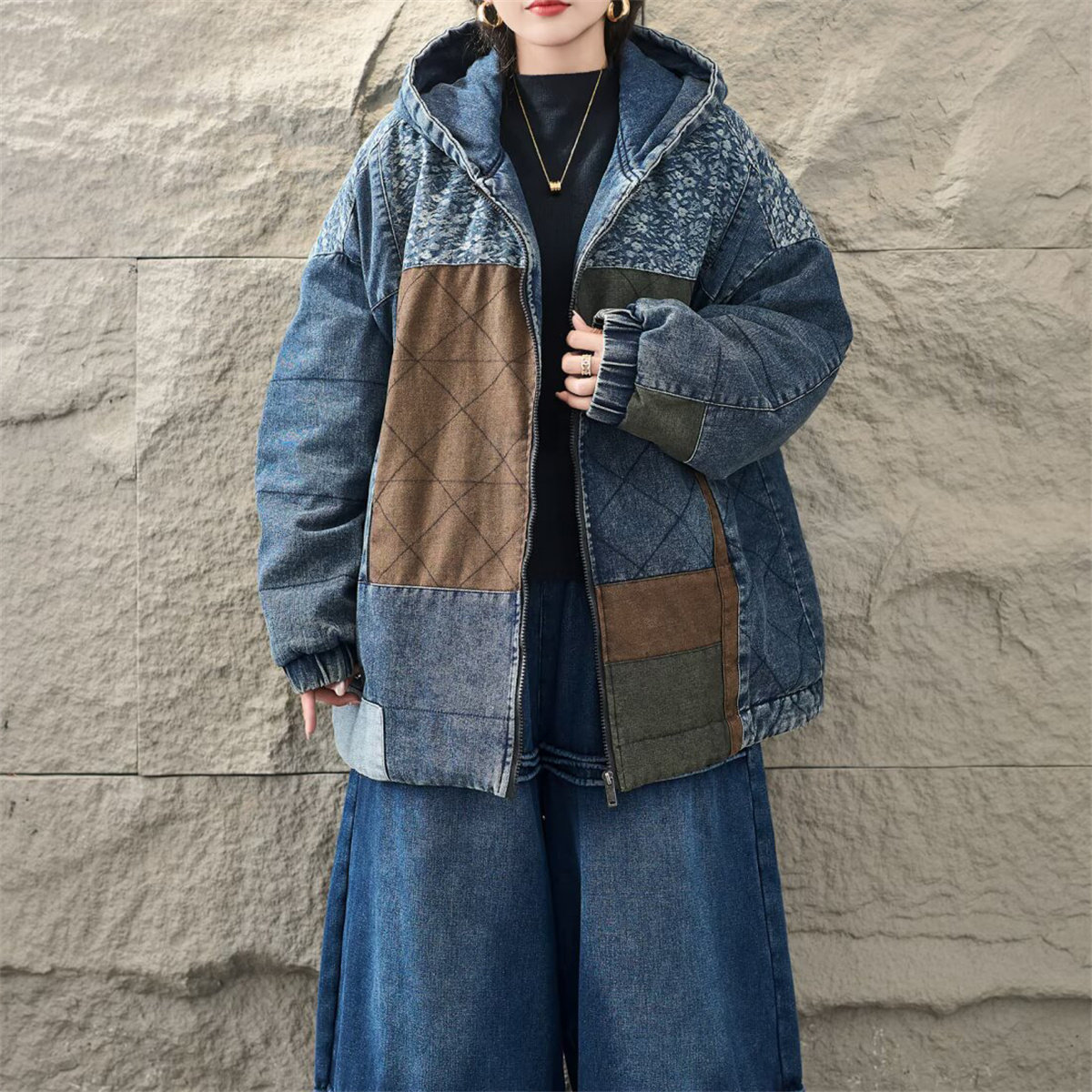 冬季复古连帽拼接显瘦牛仔棉服女