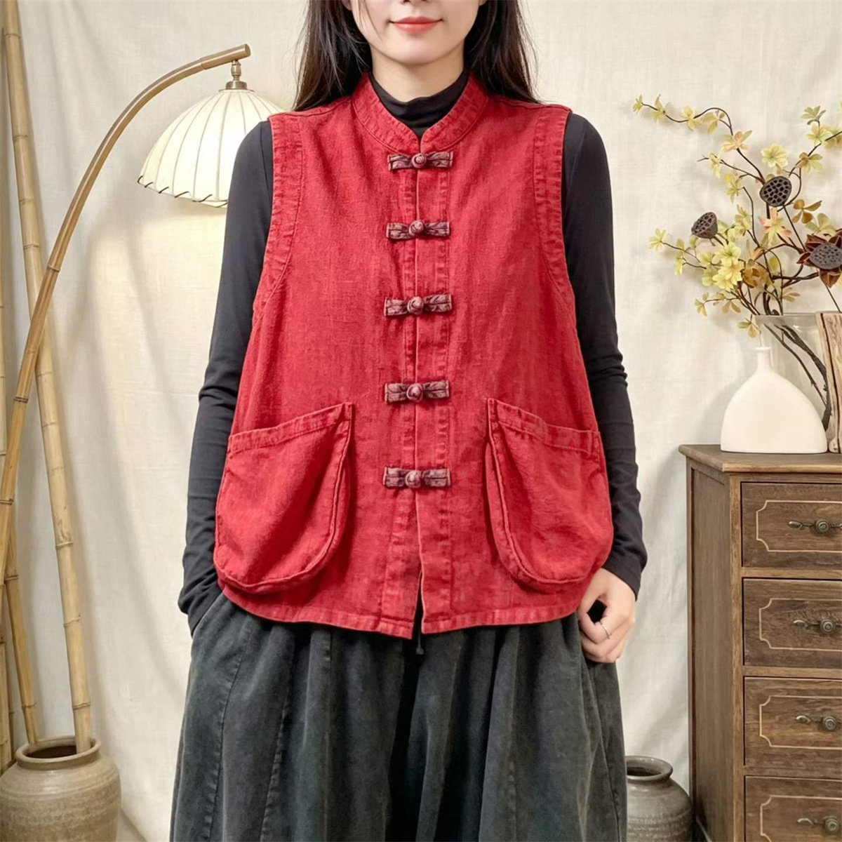 秋季新中式盘扣纯亚麻显瘦马甲女