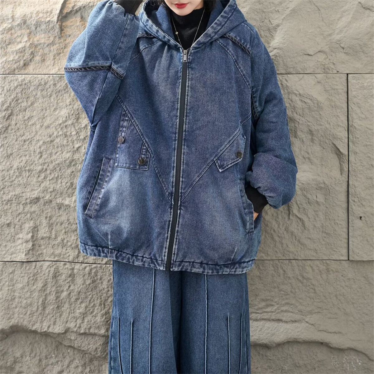 冬季复古做旧牛仔连帽保暖棉服女