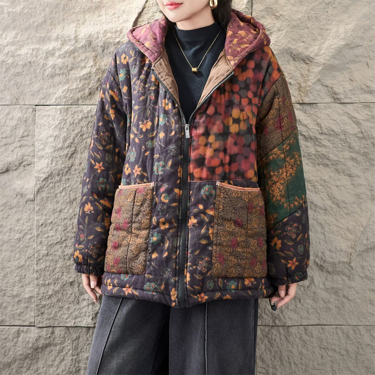 冬季复古棉麻印花连帽保暖女棉服