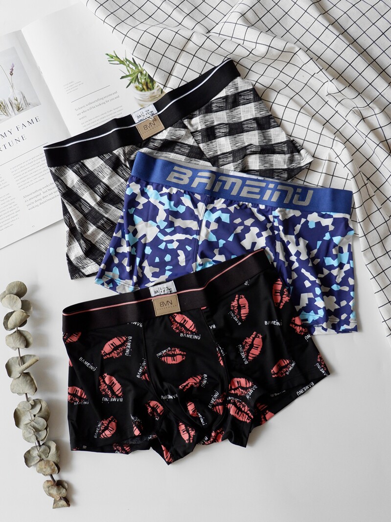 Bamenu ice silk men's underwear boxers Mid-waist incognito printing tide men's shorts Sexy ultra-thin youth boxers