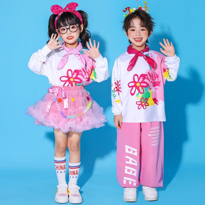 国庆节小学生运动会开幕式服装儿童粉色花朵啦啦队合唱演出服班服