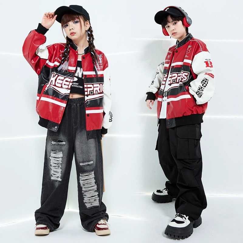 街舞儿童潮服嘻哈机车服皮衣夹克男童套装hiphop童装演出服走秀女