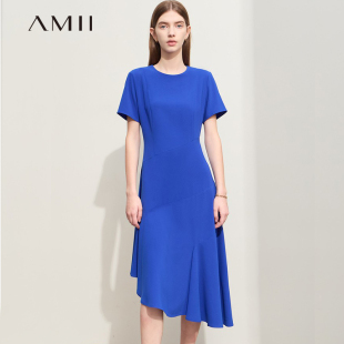 Amii法式 連衣裙女夏過膝長(zhǎng)款 收腰顯瘦斜下擺圓領(lǐng)短袖 雪紡裙子 修身