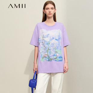 艺术油画印花全棉上衣 Amii纯棉短袖 T恤女夏季 2024新款 宽松中长款
