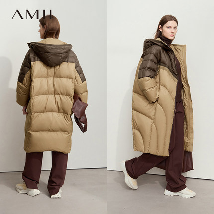 Amii轻盈保暖撞色拼接连帽羽绒服女冬季宽松藏肉显瘦茧型拉链外套