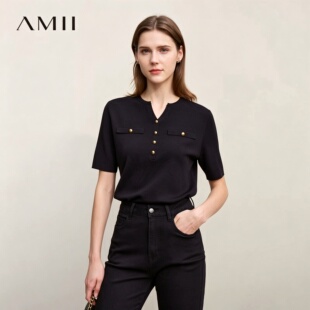 Amii2026春秋新款小香风金属扣针织衫女短袖冰丝纱四平针通勤上衣