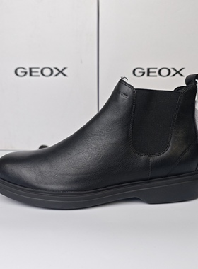 GEOX健乐士专柜撤柜男鞋黑色牛皮切尔西靴中帮休闲皮靴U16DCC
