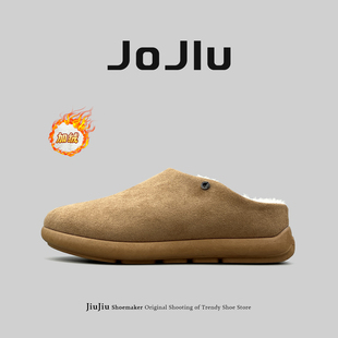 外贸男士毛绒勃肯鞋大码居家户外加绒保暖休闲半拖复古一脚蹬棉鞋