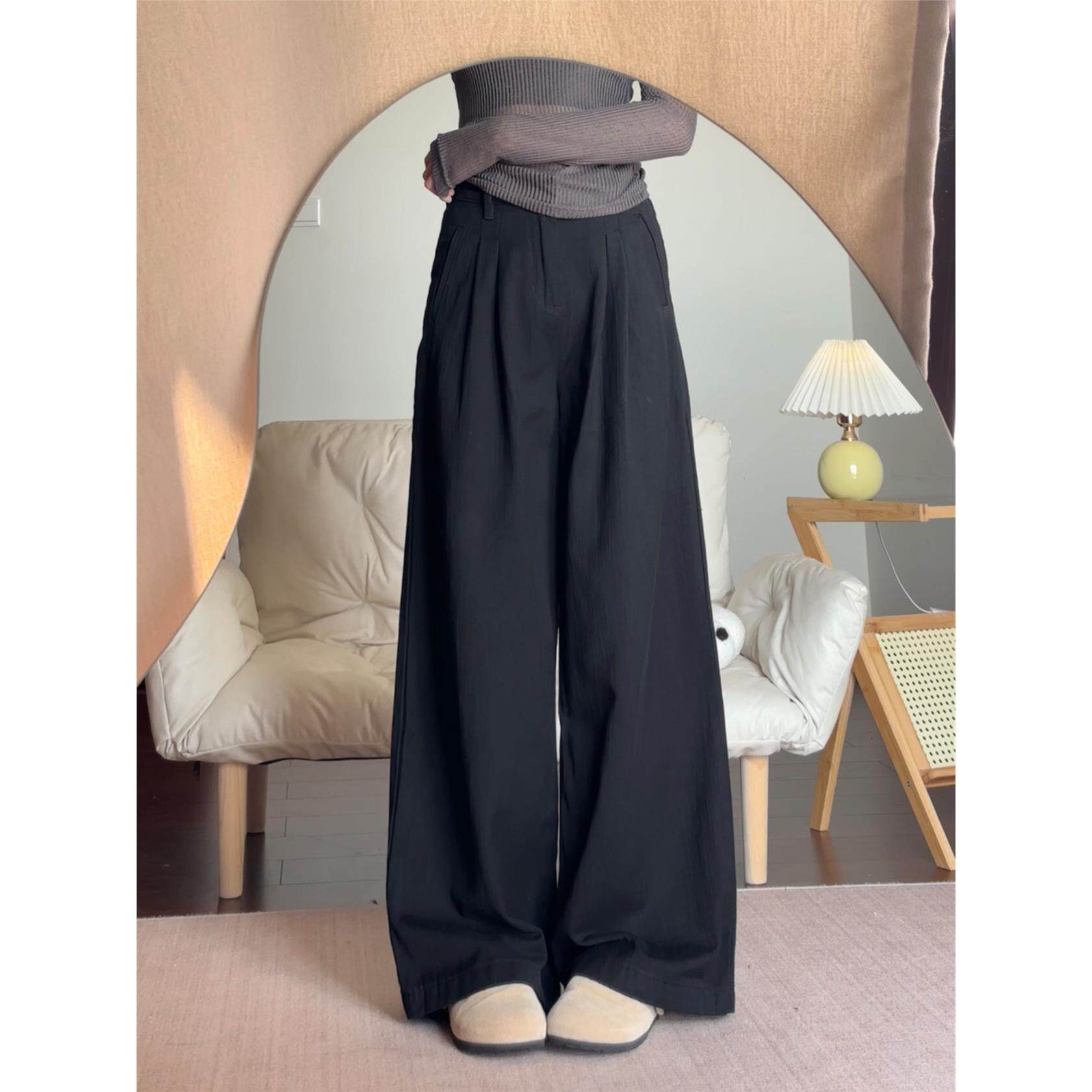 梨形身材黑色休闲裤女秋季新款大码胖mm高腰显瘦宽松垂感阔腿裤子