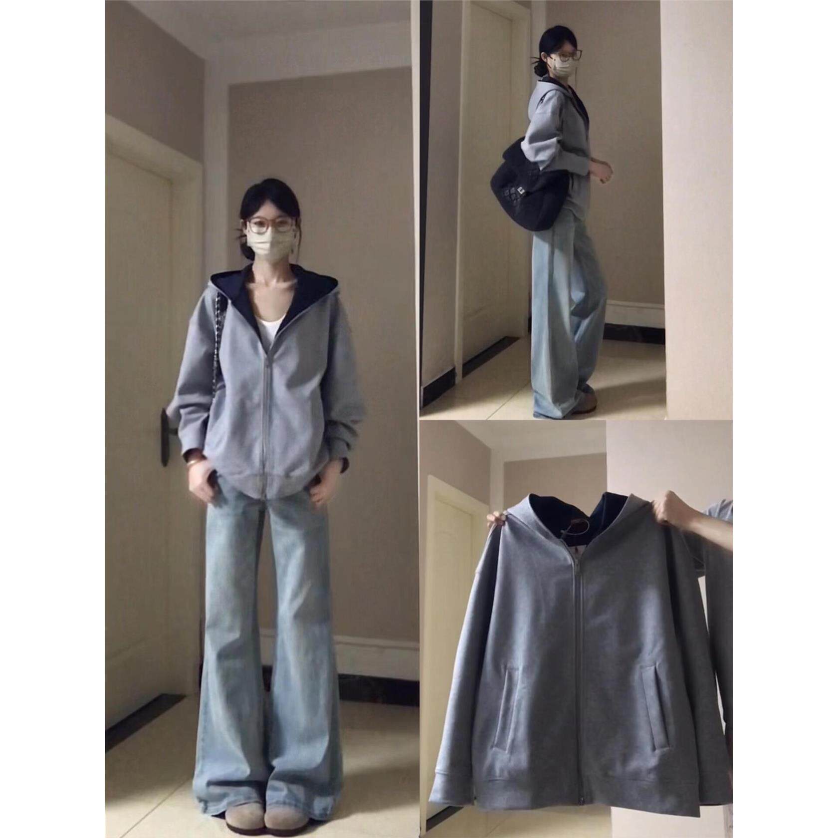 灰色撞色连帽卫衣外套女秋季2025新款美式设计感宽松拉炼上衣韩系