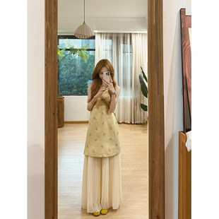 新中式吊带裙夏海边度假高级仙气微胖假两件无袖显瘦长裙套装