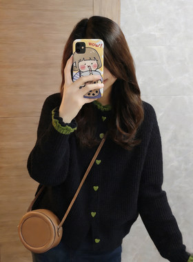 黑绿撞色木耳边假两件针织开衫2026春季韩系巨好看百搭别致上衣女